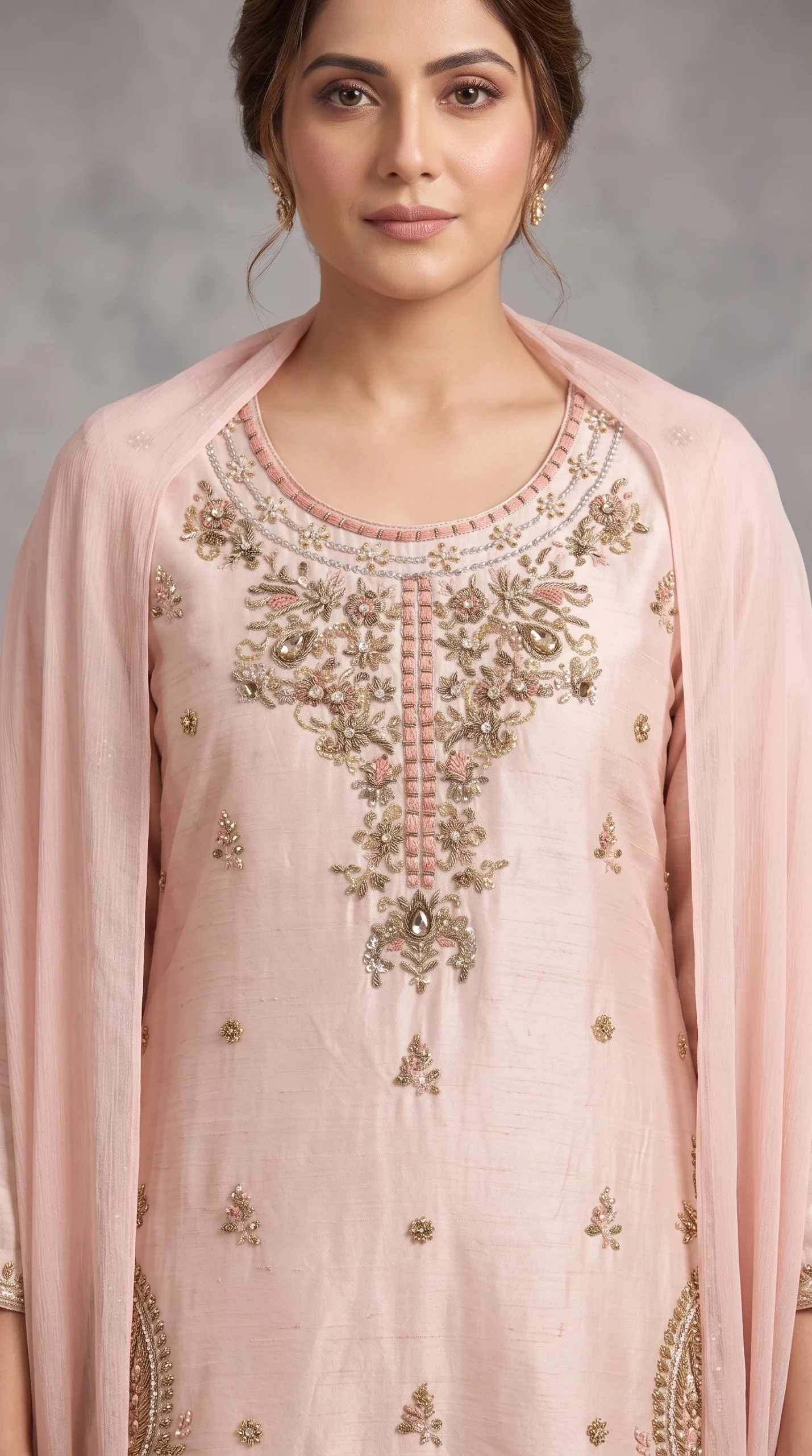 Blush Pink Embroidered Long Silk Shirt with Trousers & Dupatta – Formal Festive Wear - Image 2