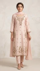 Blush Pink Embroidered Long Silk Shirt with Trousers & Dupatta – Formal Festive Wear