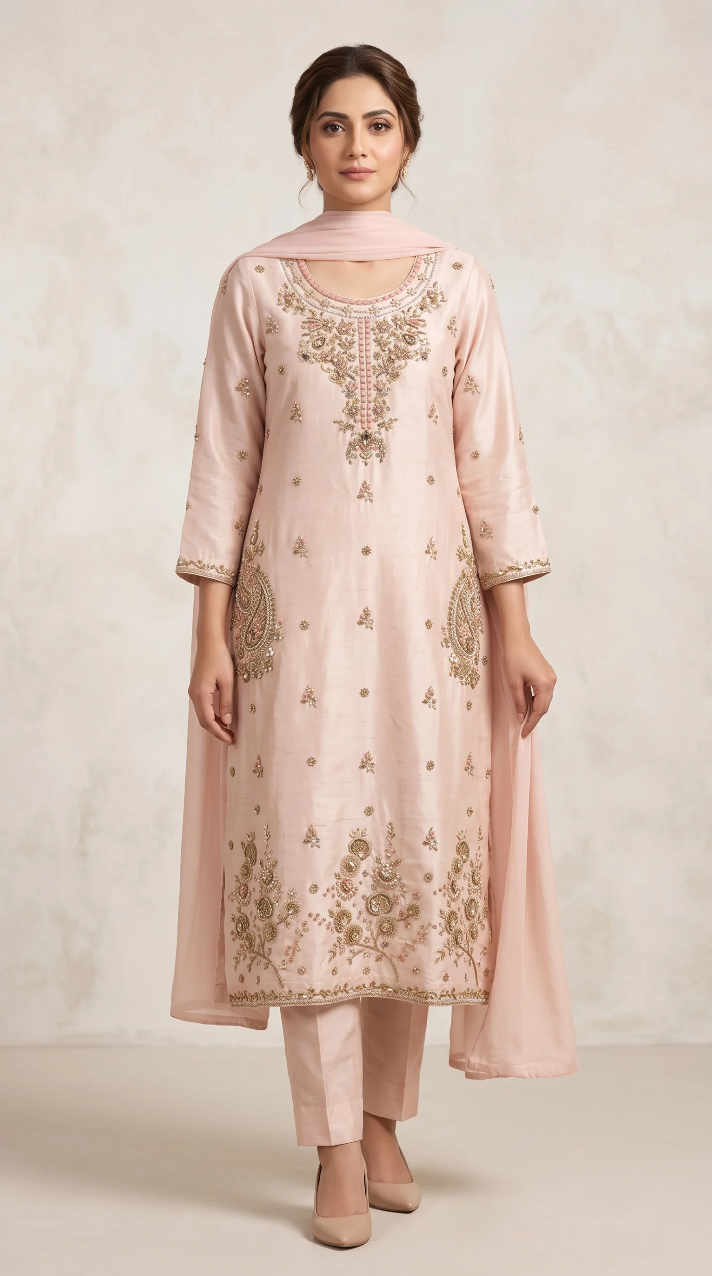 Blush Pink Embroidered Long Silk Shirt with Trousers & Dupatta – Formal Festive Wear