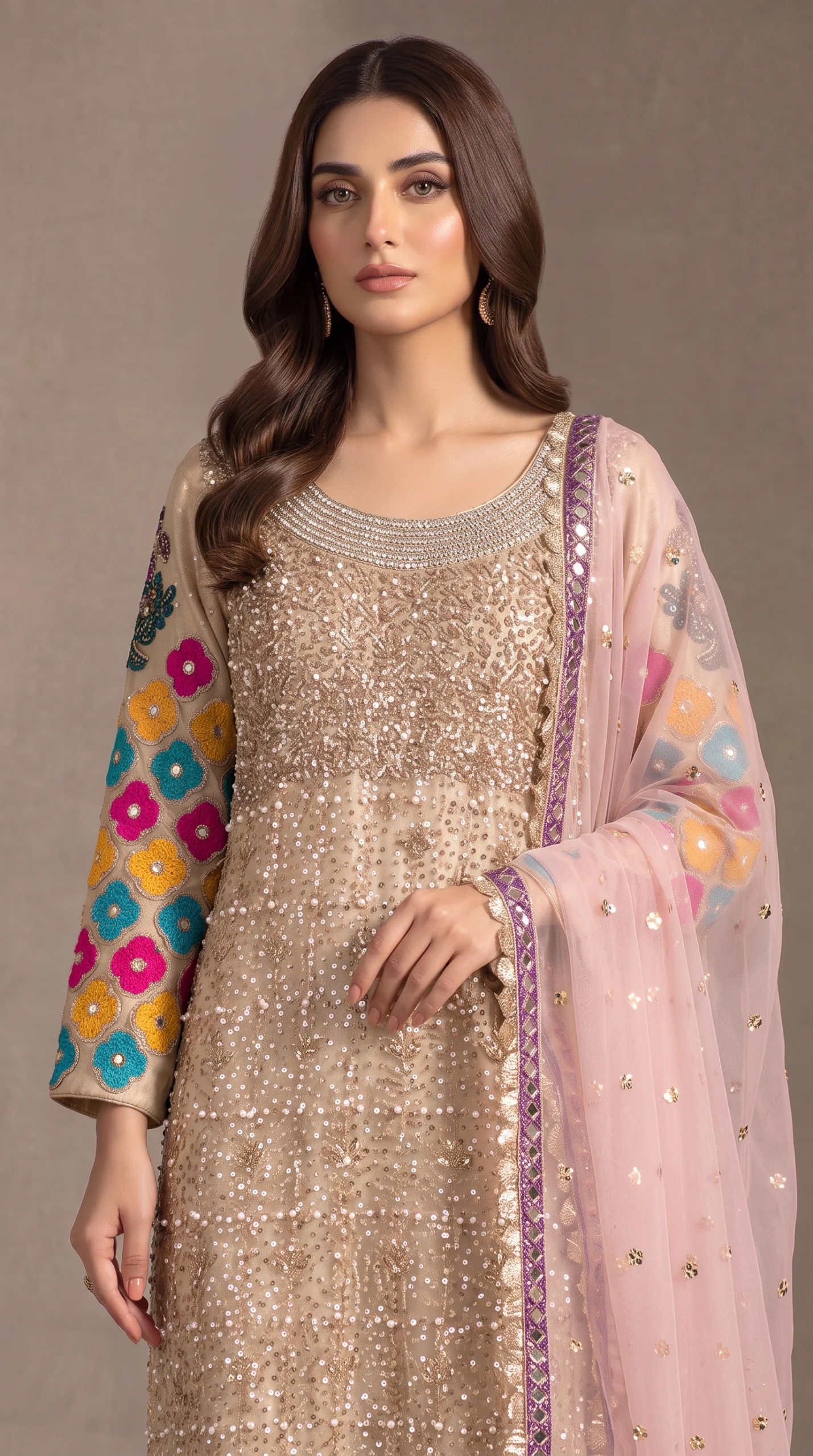 Champagne Gold Sequin-Embellished Long Shirt with Pink Dupatta – Formal Festive Wear - Image 2