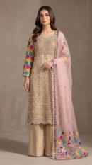 Champagne Gold Sequin-Embellished Long Shirt with Pink Dupatta – Formal Festive Wear