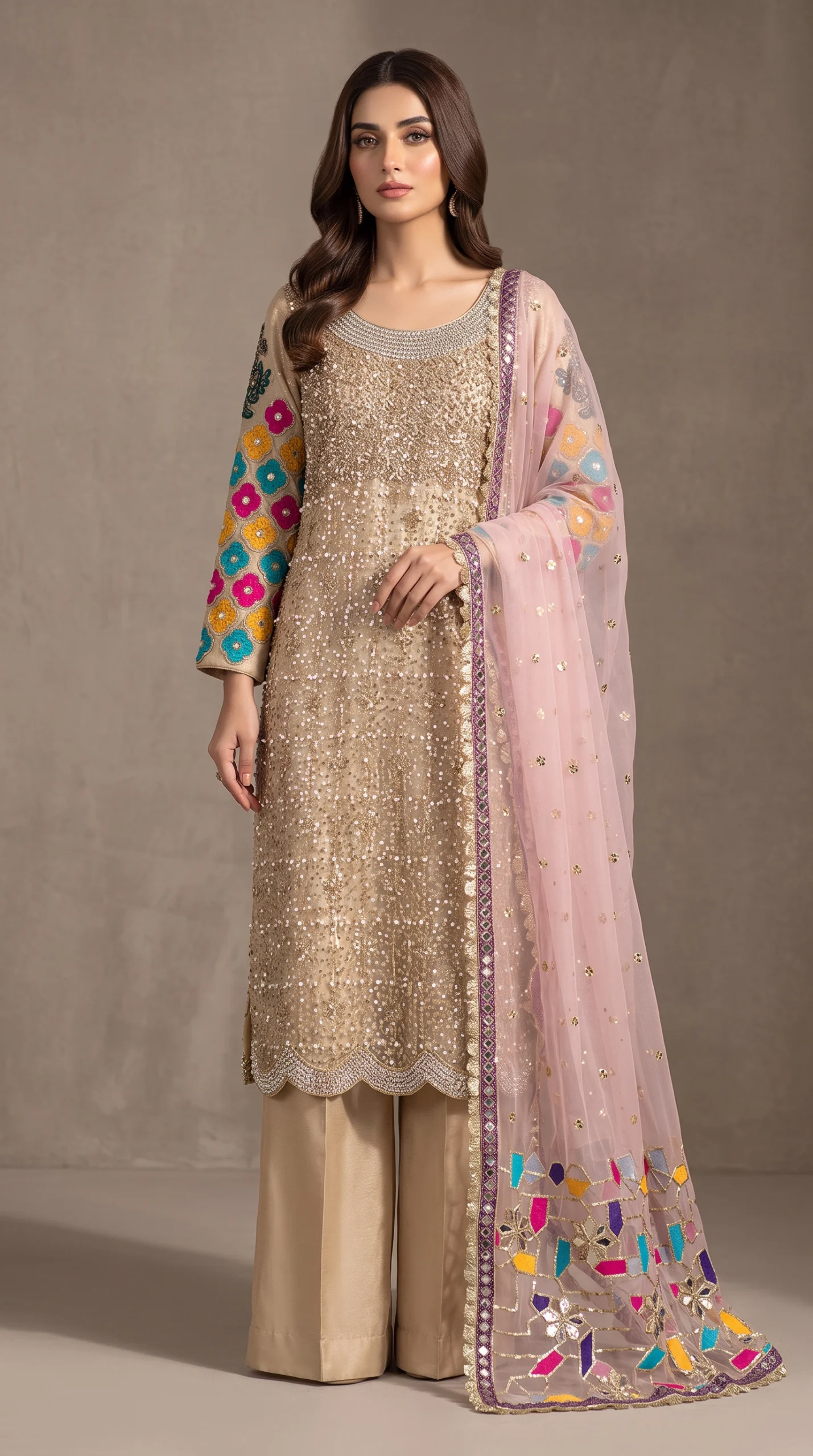 Champagne Gold Sequin-Embellished Long Shirt with Pink Dupatta – Formal Festive Wear