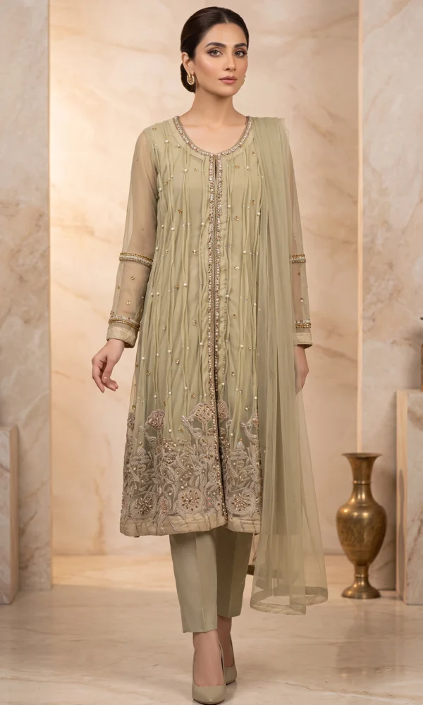 Olive Green Embellished Long Shirt with Trousers & Dupatta – Formal Festive Wear