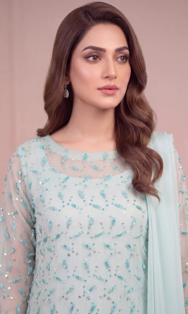 Mint Blue Sequin & Bead-Embellished Net Shirt with Dupatta – Formal Festive Wear