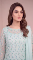 Mint Blue Sequin & Bead-Embellished Net Shirt with Dupatta – Formal Festive Wear