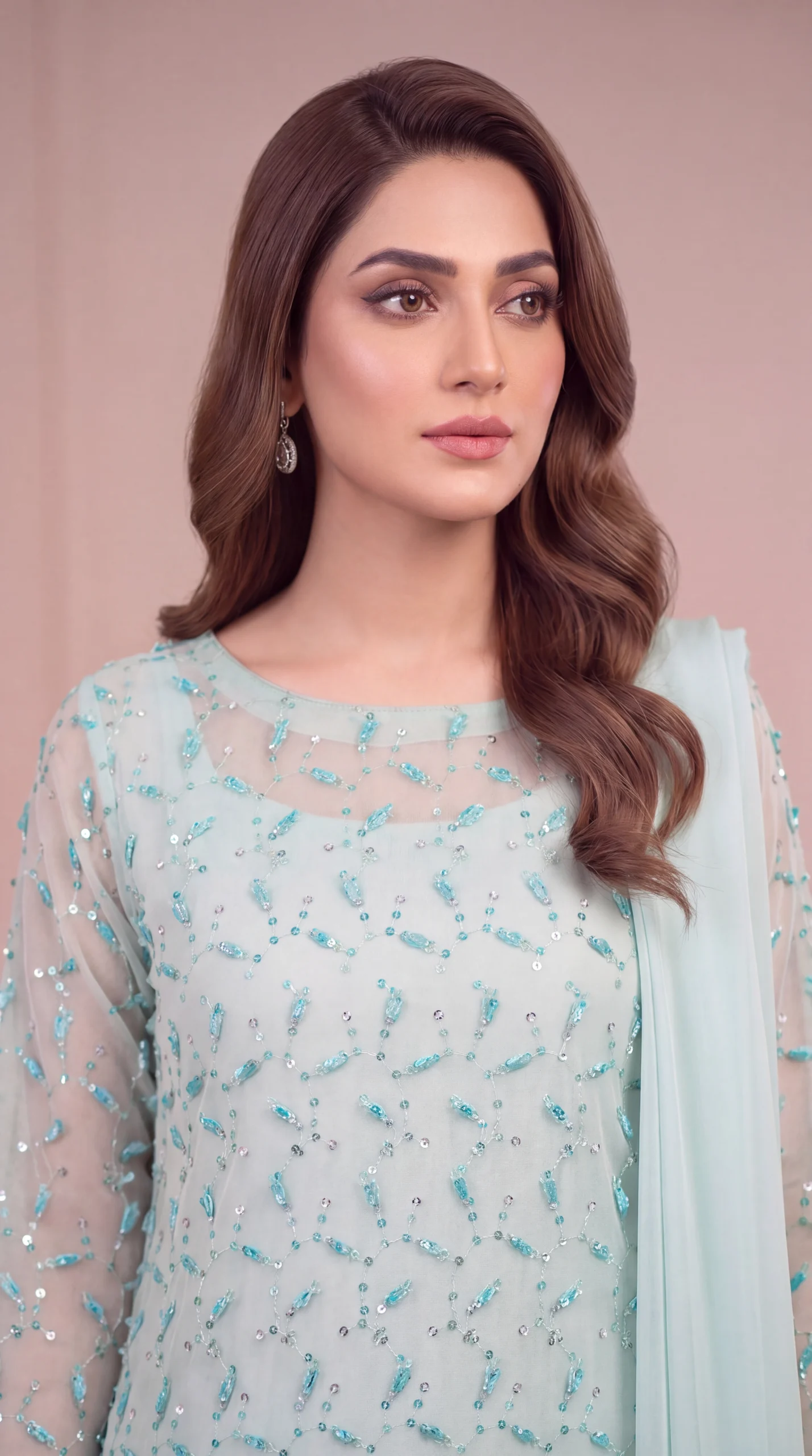 Mint Blue Sequin & Bead-Embellished Net Shirt with Dupatta – Formal Festive Wear