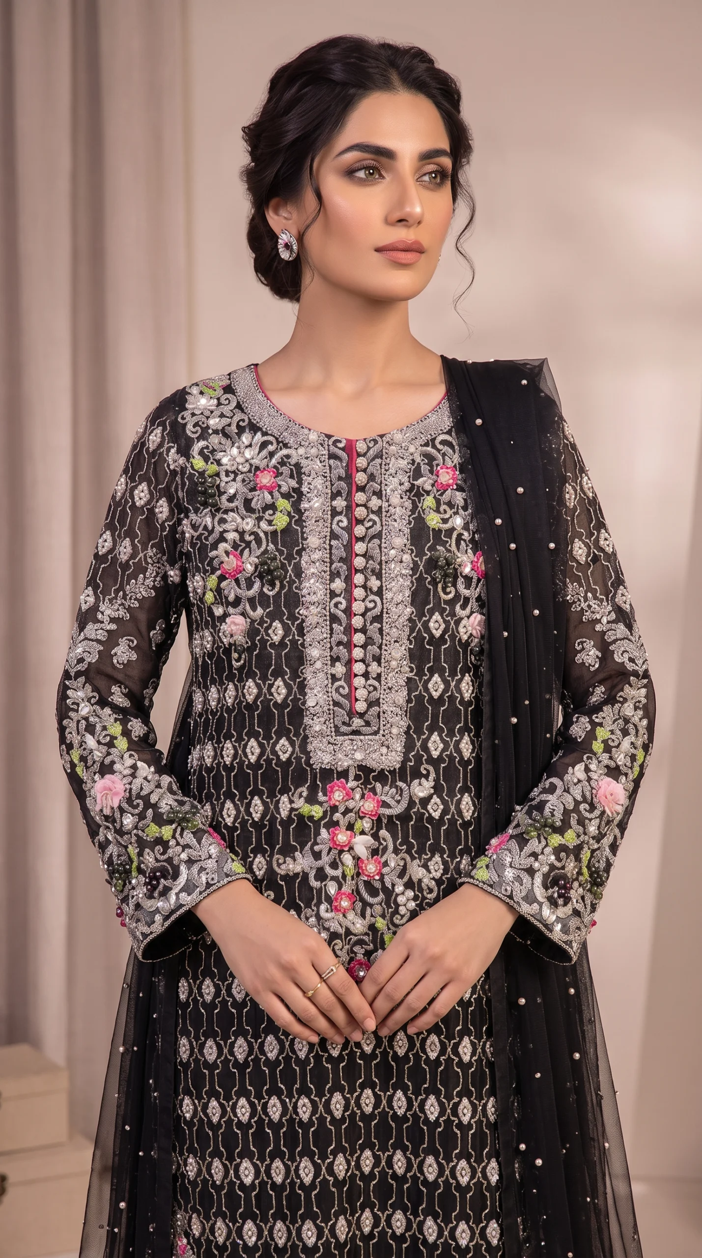Midnight Black Silver-Embroidered Long Shirt with Dupatta – Formal Festive Wear