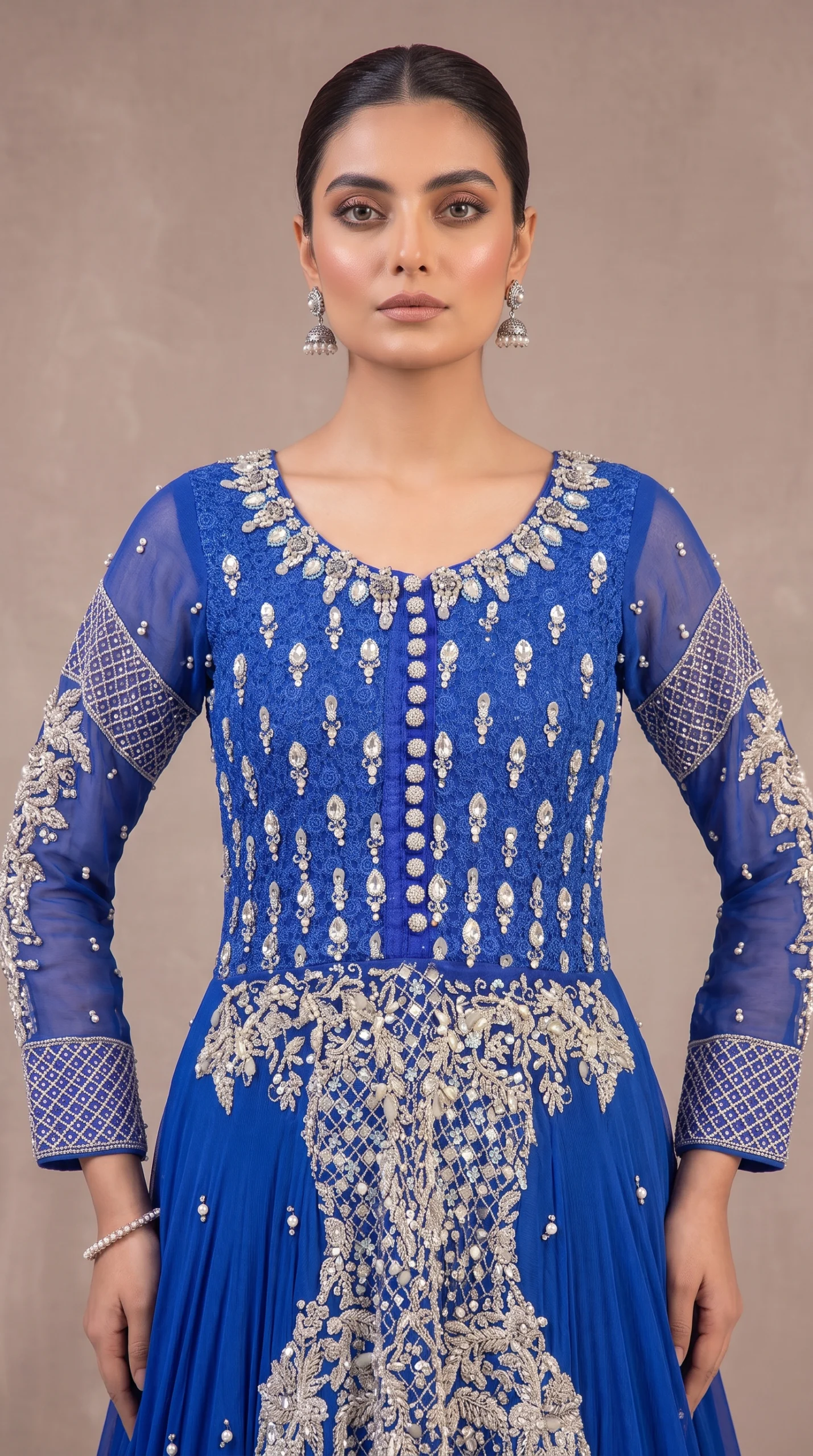 Royal Blue Embellished Long Pishwas Gown – Formal Festive Wear - Image 2
