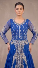 Royal Blue Embellished Long Pishwas Gown – Formal Festive Wear