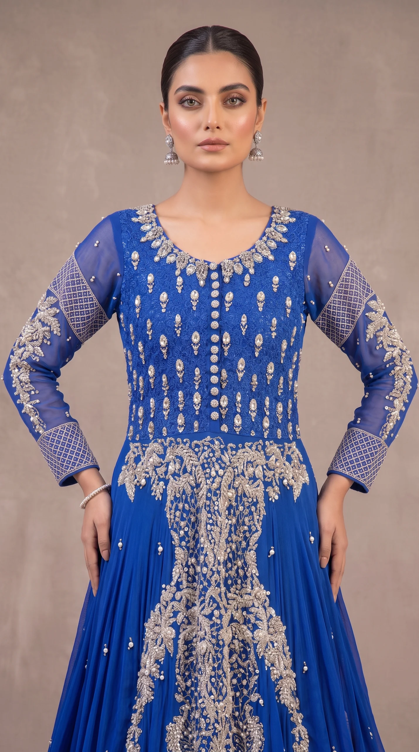 Royal Blue Embellished Long Pishwas Gown – Formal Festive Wear