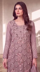 Mauve Embroidered Long Straight Shirt with Dupatta – Formal Festive Wear