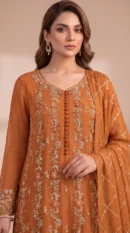 Burnt Orange Embroidered Long Shirt with Sequined Dupatta – Formal Festive Wear