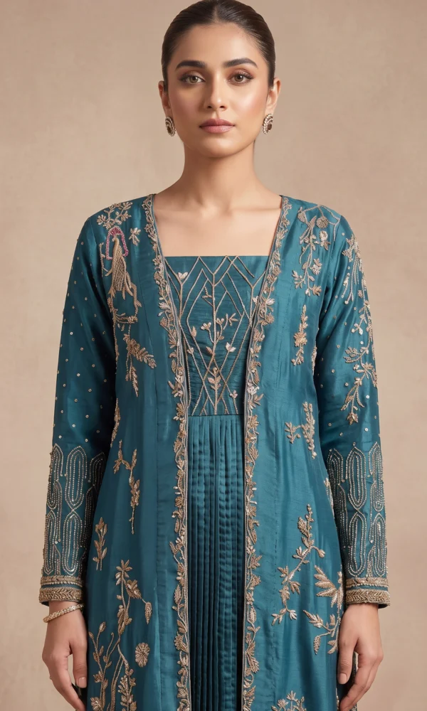 Teal Blue Front-Open Embroidered Jacket Pishwas – Formal Festive Wear