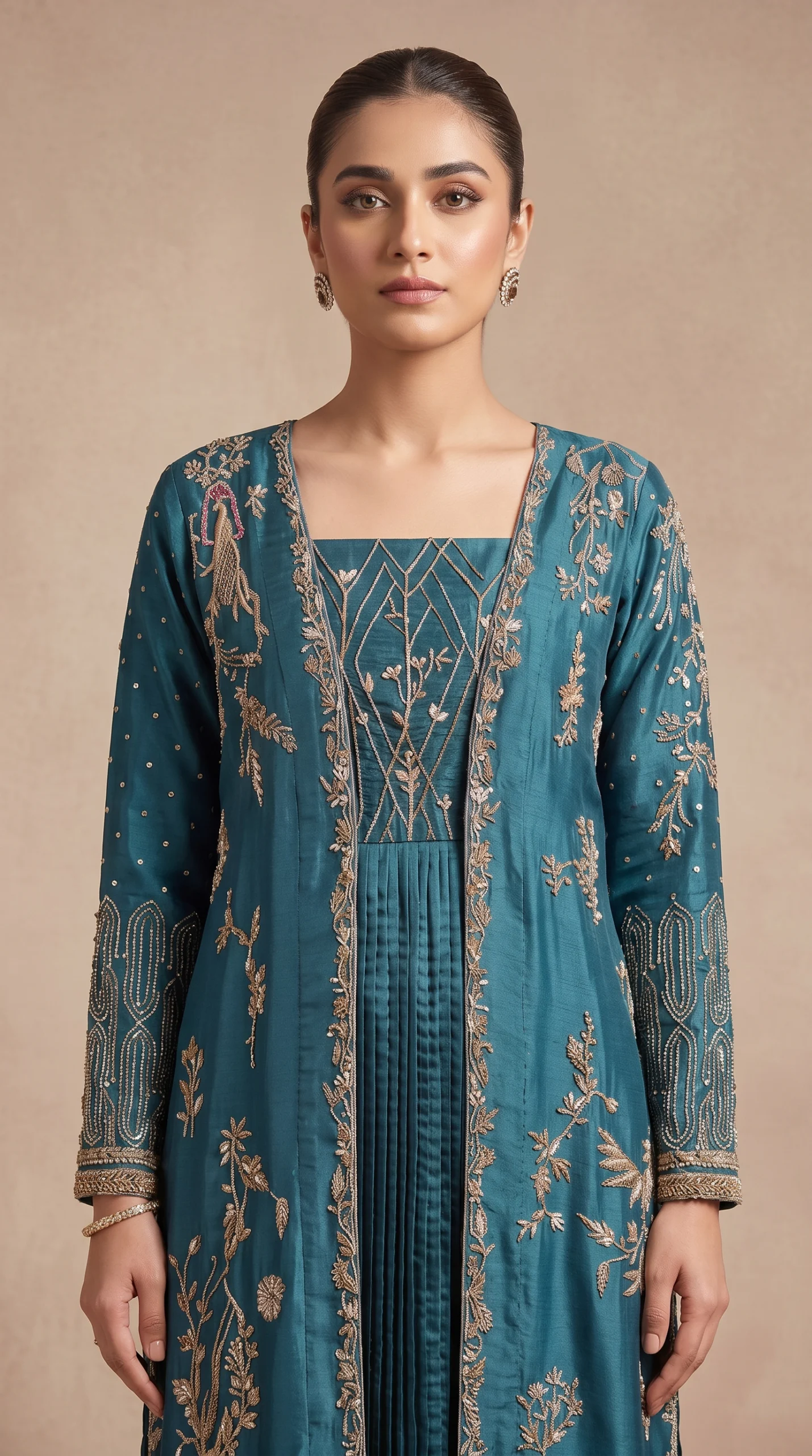 Teal Blue Front-Open Embroidered Jacket Pishwas – Formal Festive Wear
