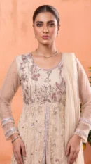 Champagne Front-Open Embroidered Pishwas Gown with Dupatta – Formal Festive Wear