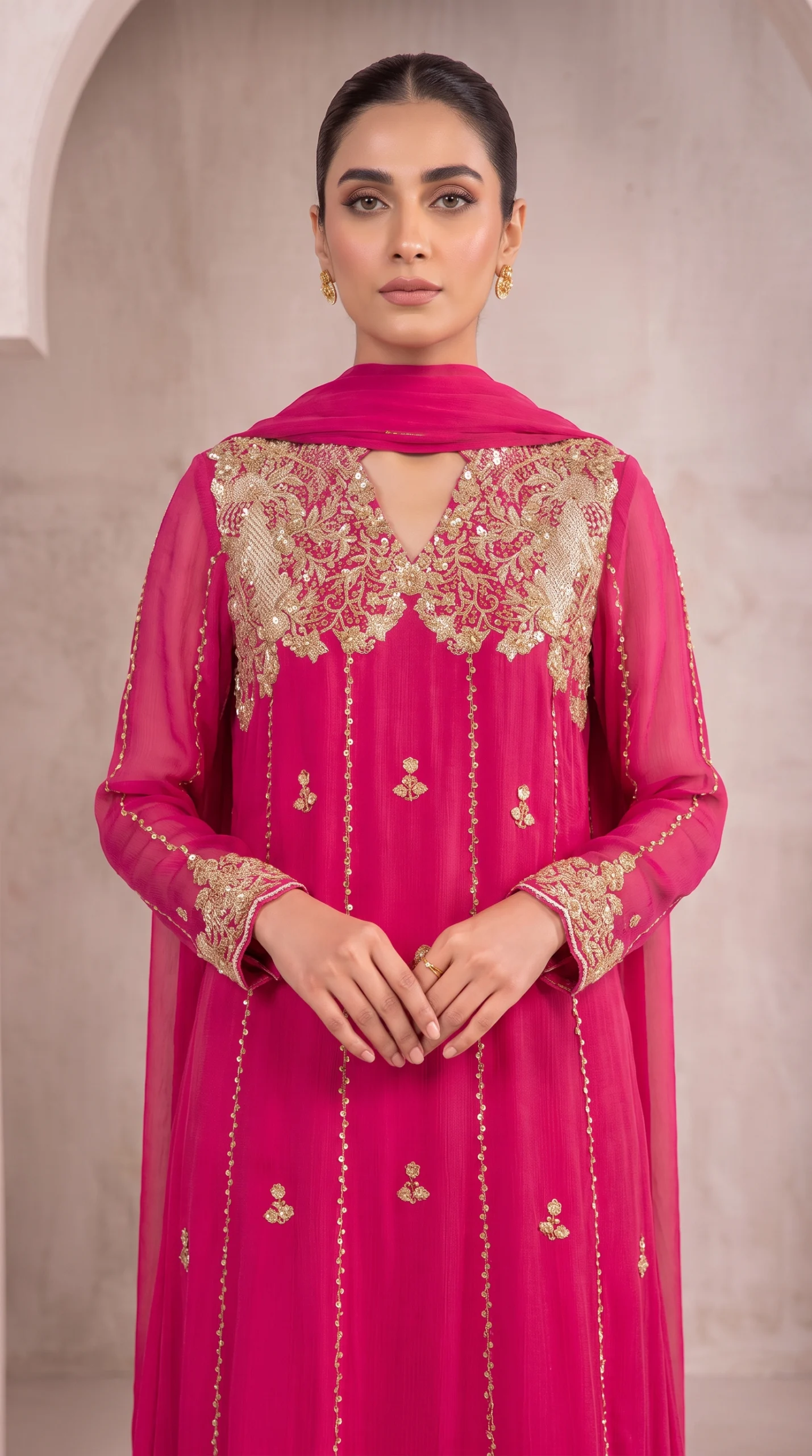 Hot Pink Gold-Embellished Long Shirt with Dupatta – Formal Festive & Wedding Wear