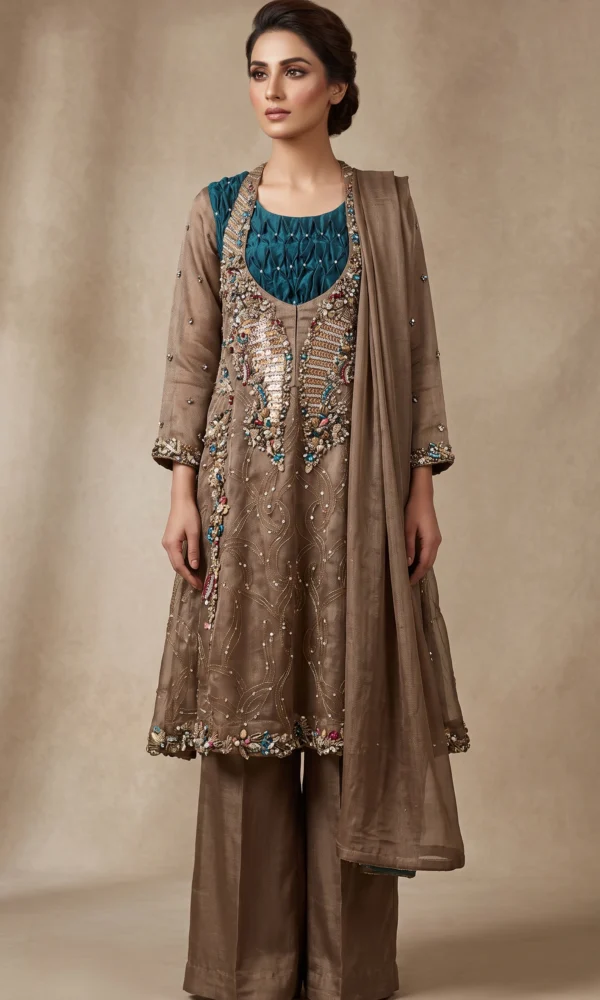 Taupe & Teal Embroidered Short Jacket Suit with Wide Trousers – Formal Wear