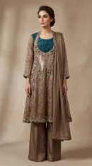 Taupe & Teal Embroidered Short Jacket Suit with Wide Trousers – Formal Wear