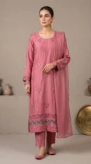 Dusty Rose Embellished Long Shirt with Trousers & Dupatta – Formal Festive Wear