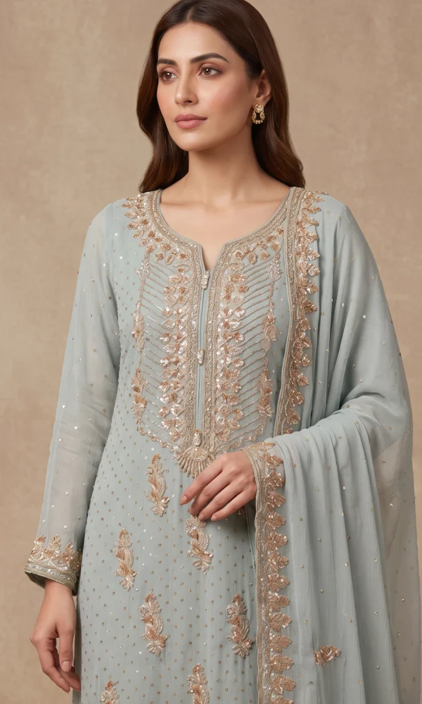 Ice Blue Gold-Embellished Long Shirt with Dupatta – Formal Festive Wear