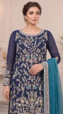 Midnight Blue Embroidered Long Shirt with Dupatta – Formal Evening & Festive Wear