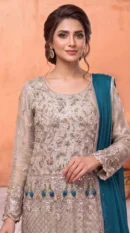Champagne Gold Embroidered Long Shirt with Teal Dupatta – Formal Festive Wear