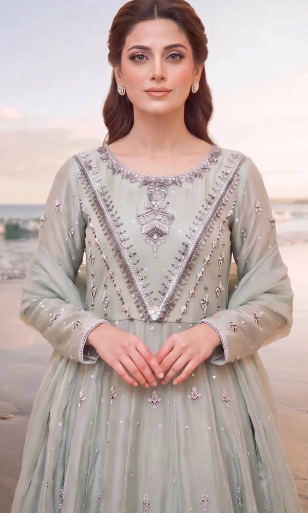 Sage Green Silver-Embroidered Long Pishwas Gown – Formal Festive Wear