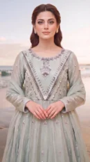 Sage Green Silver-Embroidered Long Pishwas Gown – Formal Festive Wear