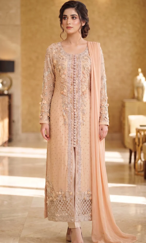 Peach Embellished Long Shirt with Trousers & Dupatta – Formal Festive Wear