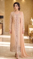 Peach Embellished Long Shirt with Trousers & Dupatta – Formal Festive Wear