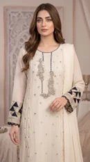 Off-White Embroidered Long Shirt with Navy Cuff Details & Dupatta – Formal Wear