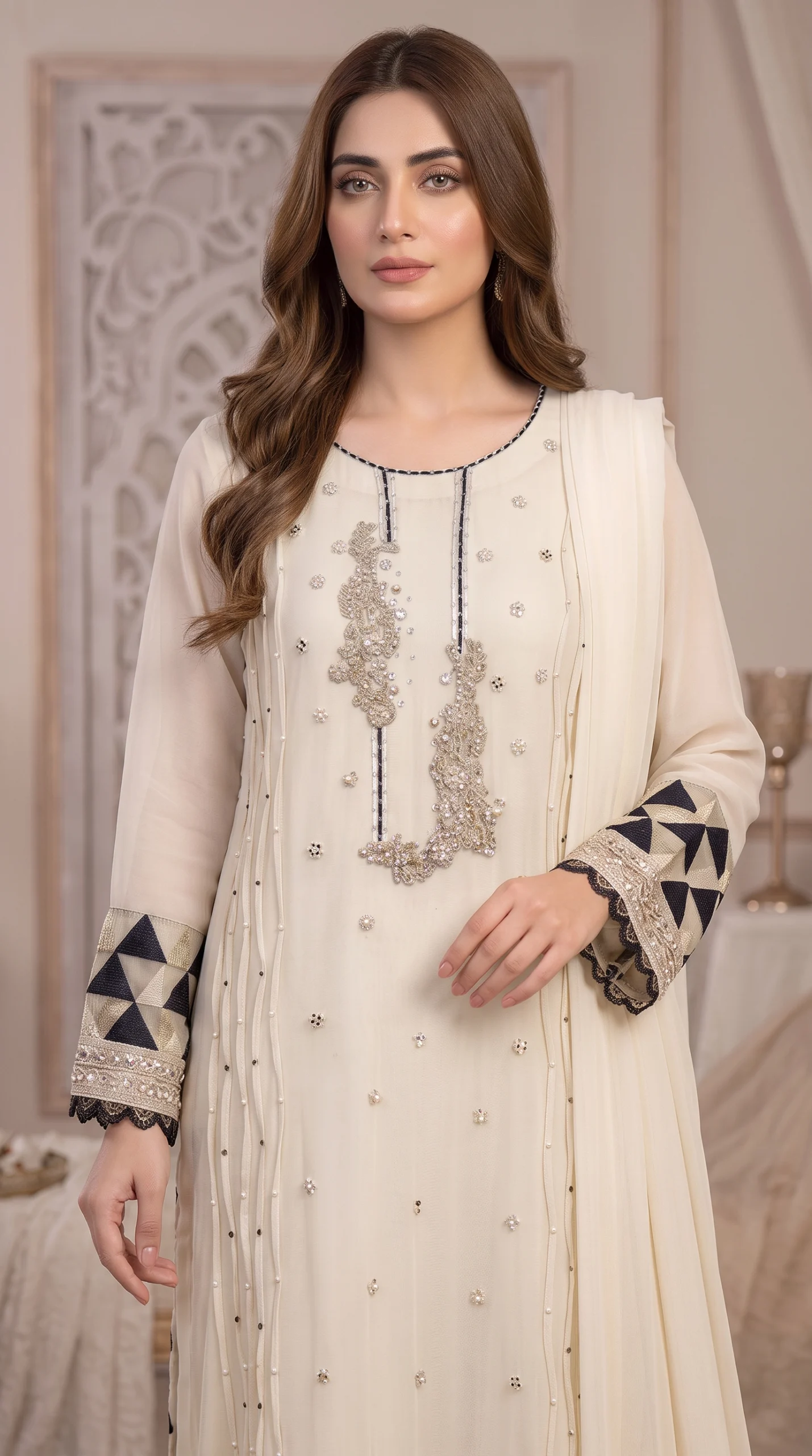 Off-White Embroidered Long Shirt with Navy Cuff Details & Dupatta – Formal Wear