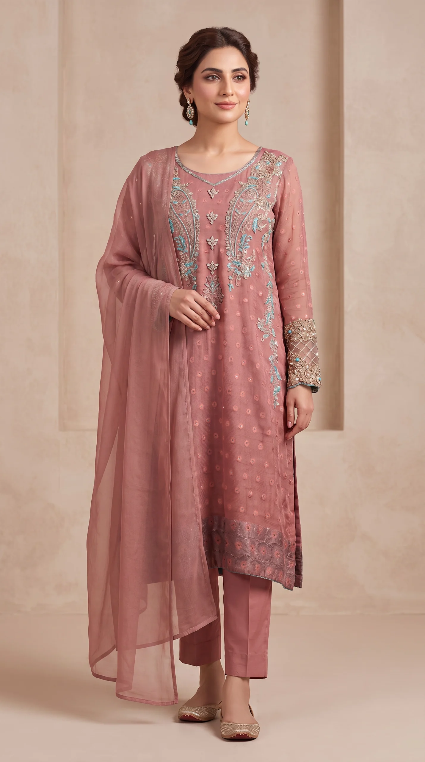 Dusty Rose Embroidered Long Shirt with Trousers & Dupatta – Formal Festive Wear