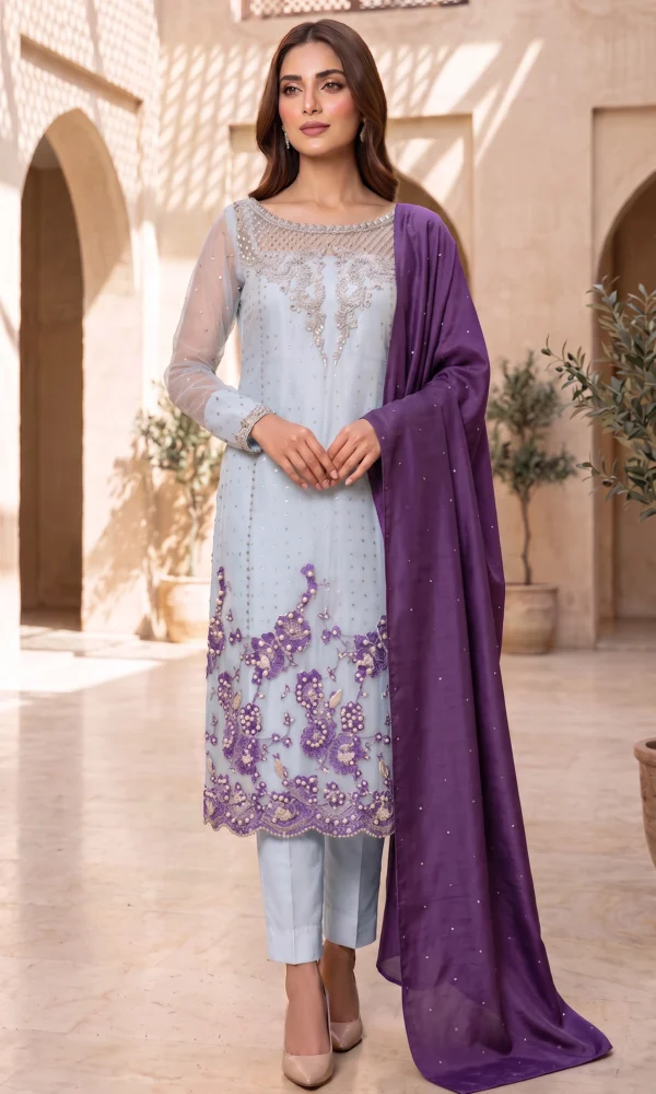 Ice Blue Embroidered Straight Suit with Purple Dupatta – Formal Festive Wear