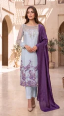 Ice Blue Embroidered Straight Suit with Purple Dupatta – Formal Festive Wear