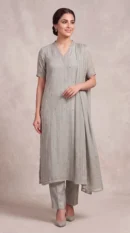 Dove Grey Embellished Short-Sleeve Straight Suit with Trousers & Dupatta – Formal Wear