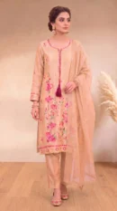 Peach Embroidered Long Shirt with Pink Florals, Trousers & Dupatta – Formal Festive Wear