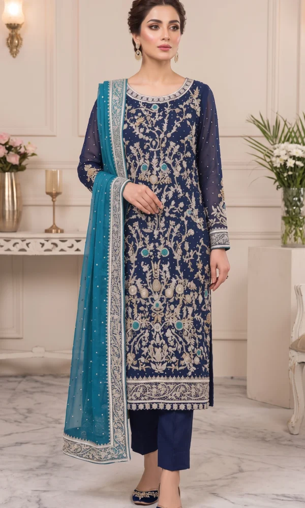 Midnight Blue Embroidered Long Straight Suit with Teal Dupatta – Formal Evening Wear