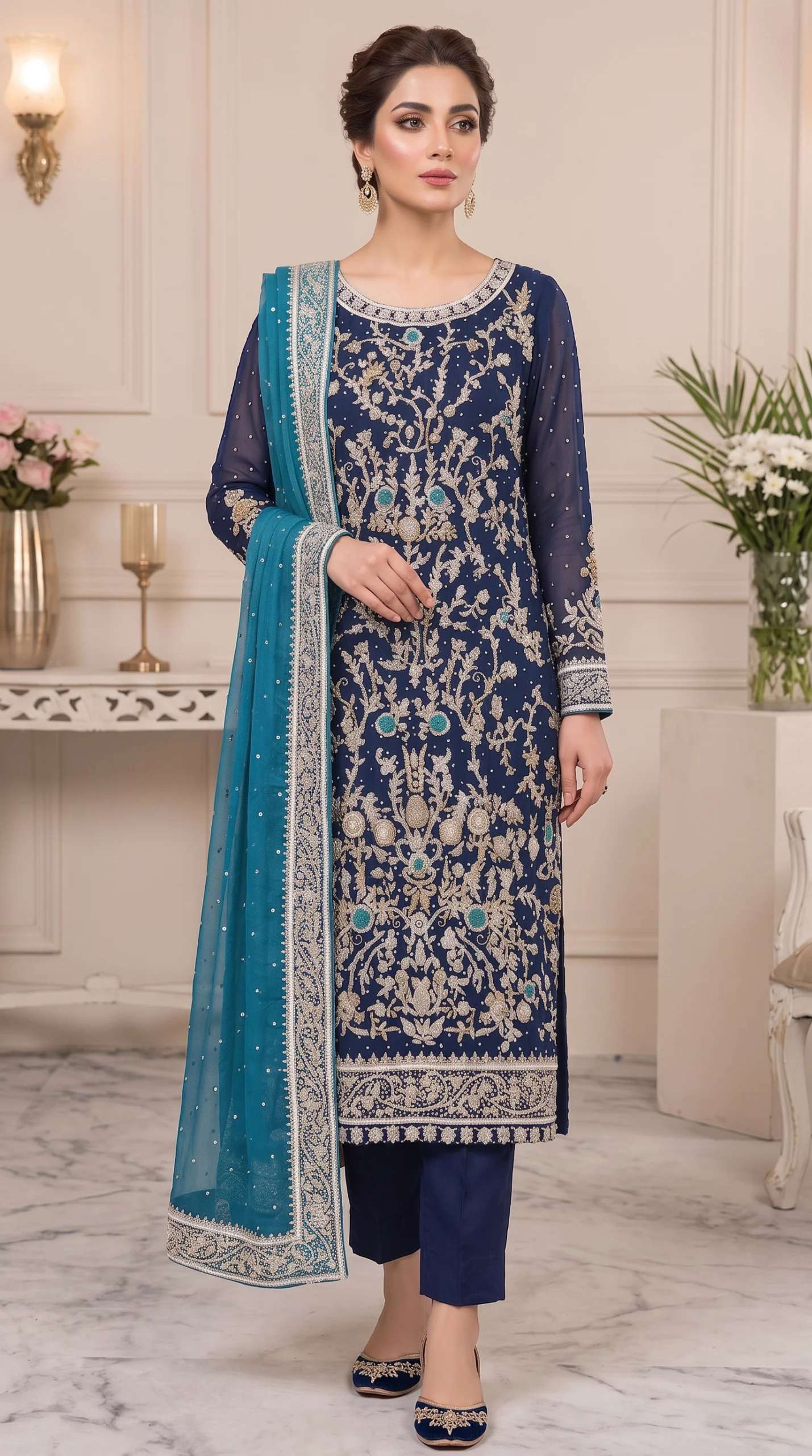 Midnight Blue Embroidered Long Straight Suit with Teal Dupatta – Formal Evening Wear
