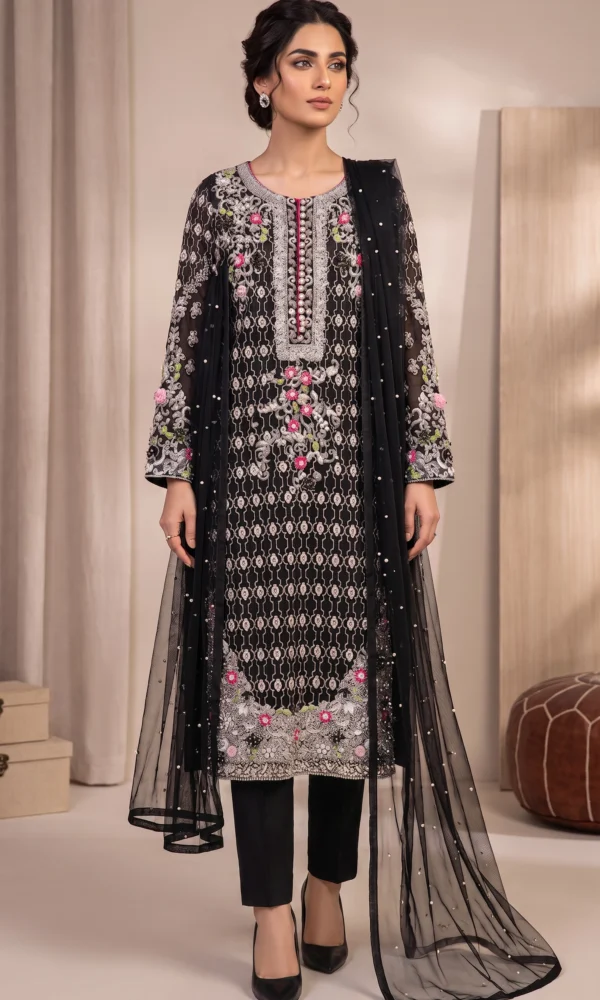 Midnight Black Embroidered Straight Suit with Pearl Dupatta – Formal Festive Wear
