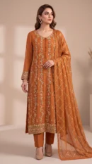 Burnt Orange Embroidered Long Straight Suit with Grid Dupatta – Formal Festive Wear