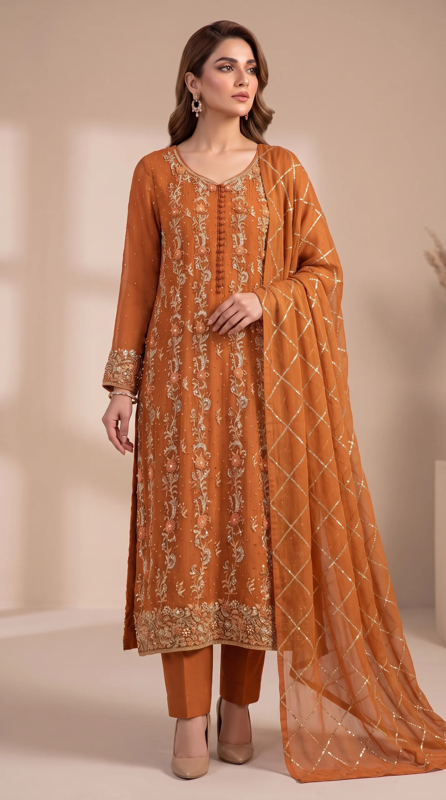 Burnt Orange Embroidered Long Straight Suit with Grid Dupatta – Formal Festive Wear
