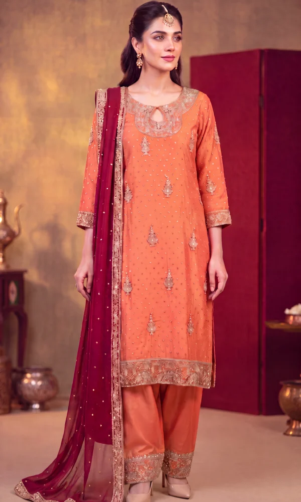 Peach Embroidered Straight Suit with Maroon Dupatta – Formal Festive Wear