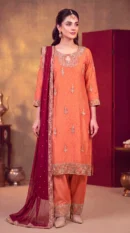 Peach Embroidered Straight Suit with Maroon Dupatta – Formal Festive Wear
