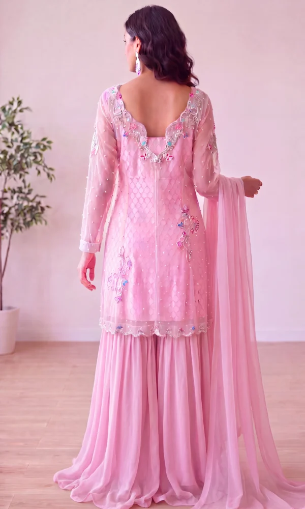Baby Pink Embroidered Straight Shirt with Gharara & Dupatta – Formal Festive Wear