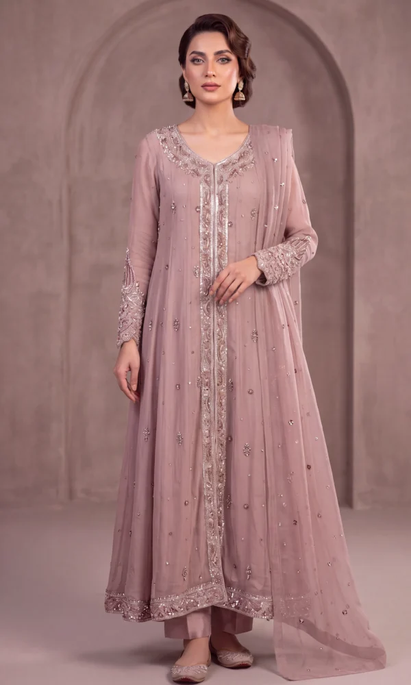 Dusty Mauve Silver-Embroidered Long Pishwas Gown with Trousers & Dupatta – Formal Wear