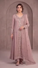 Dusty Mauve Silver-Embroidered Long Pishwas Gown with Trousers & Dupatta – Formal Wear