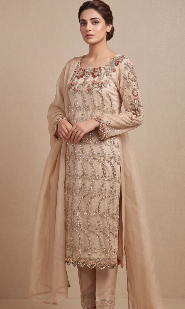 Champagne Gold Embroidered Long Straight Suit with Trousers & Dupatta – Formal Wear