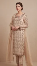 Champagne Gold Embroidered Long Straight Suit with Trousers & Dupatta – Formal Wear