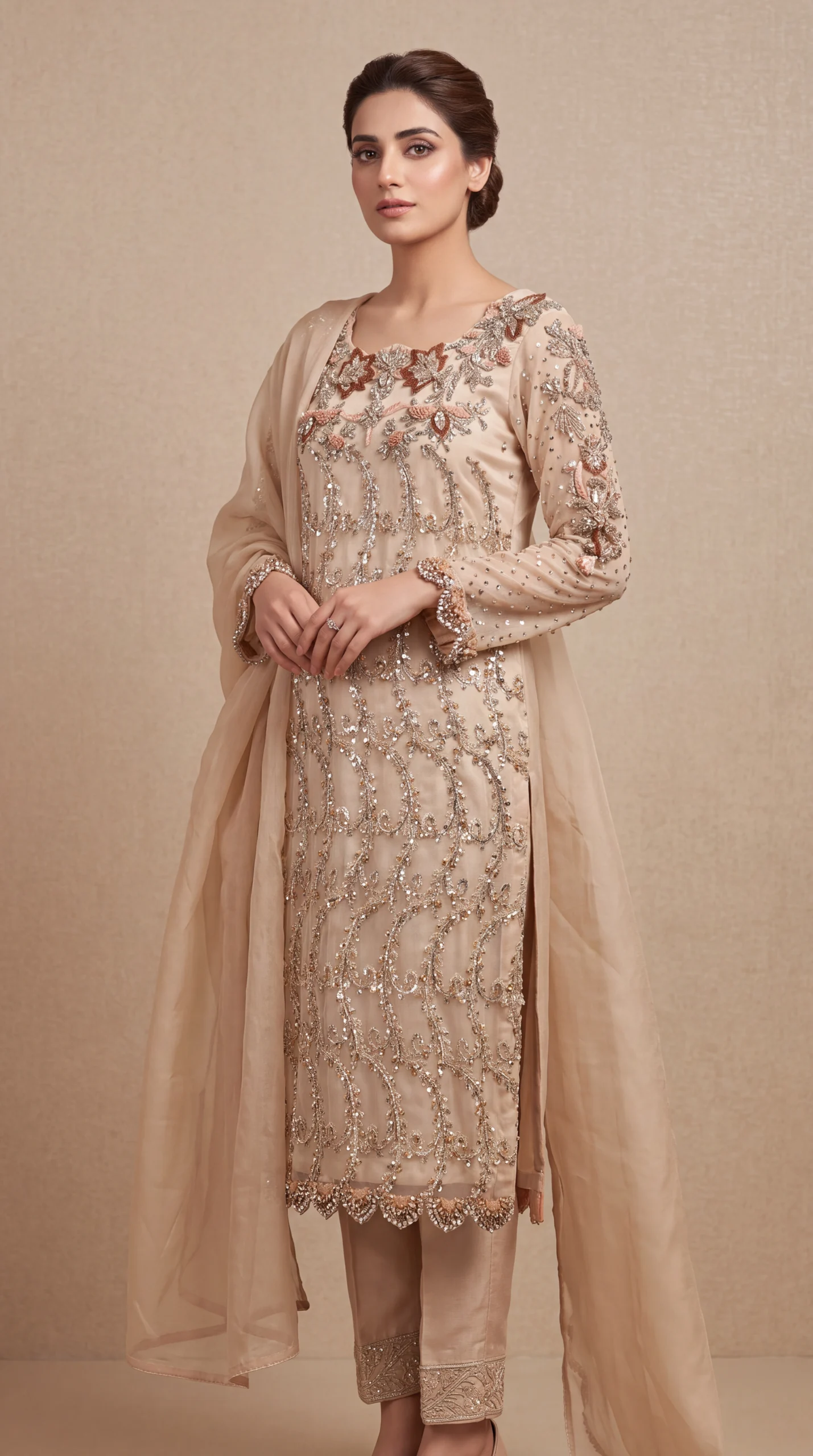 Champagne Gold Embroidered Long Straight Suit with Trousers & Dupatta – Formal Wear
